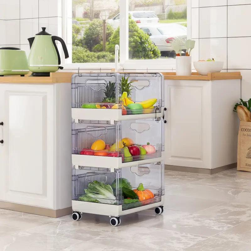 3 Tier Rolling Utility Cart with Handle and Lockable Wheels for Home and Kitchen