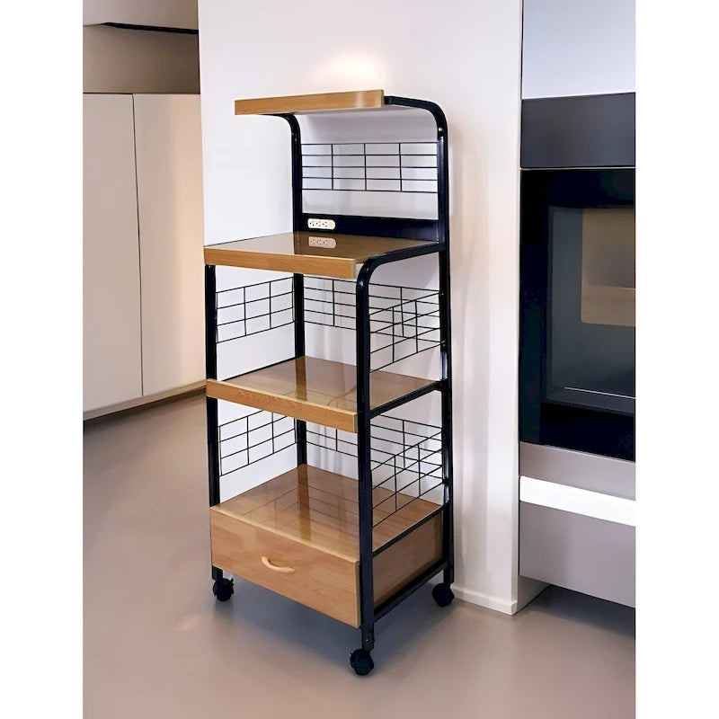 Black and Natural 26-Inch Rolling Kitchen Cart with Drawers and Locking Wheels