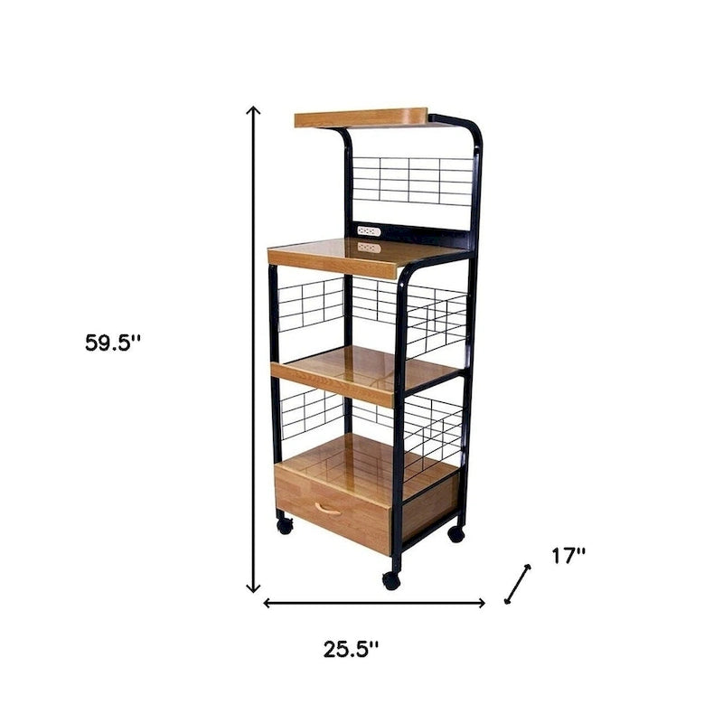 Black and Natural 26-Inch Rolling Kitchen Cart with Drawers and Locking Wheels