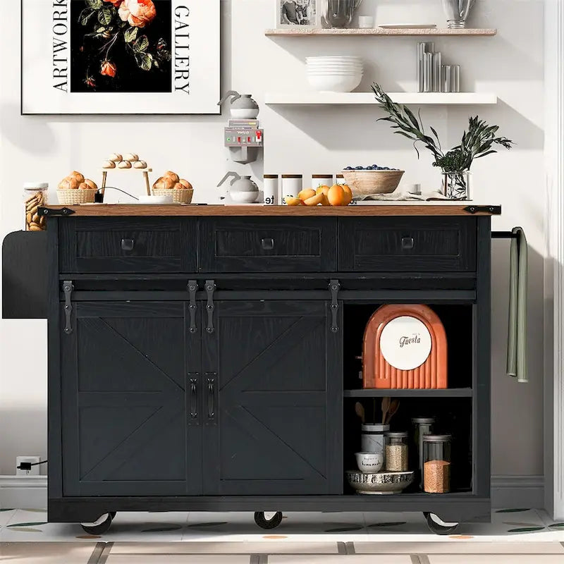 53.7 Farmhouse Kitchen Island With Power Outlet, 2 Sliding Barn Door, Kitchen Storage Island With Drop Leaf, Spice Rack