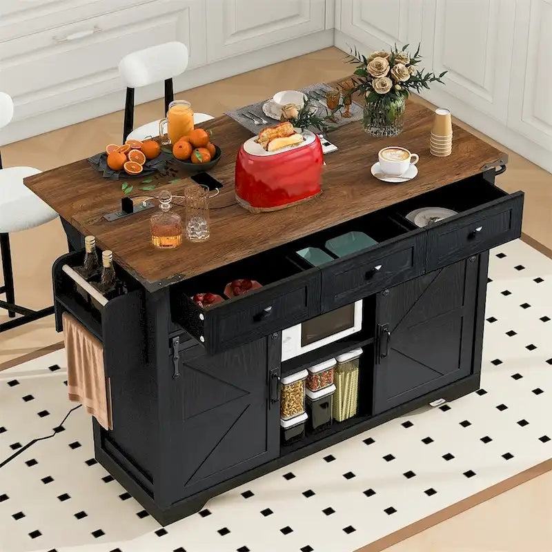 Farmhouse Kitchen Island with Power Outlet, Sliding Barn Doors, Drop Leaf and Spice Rack