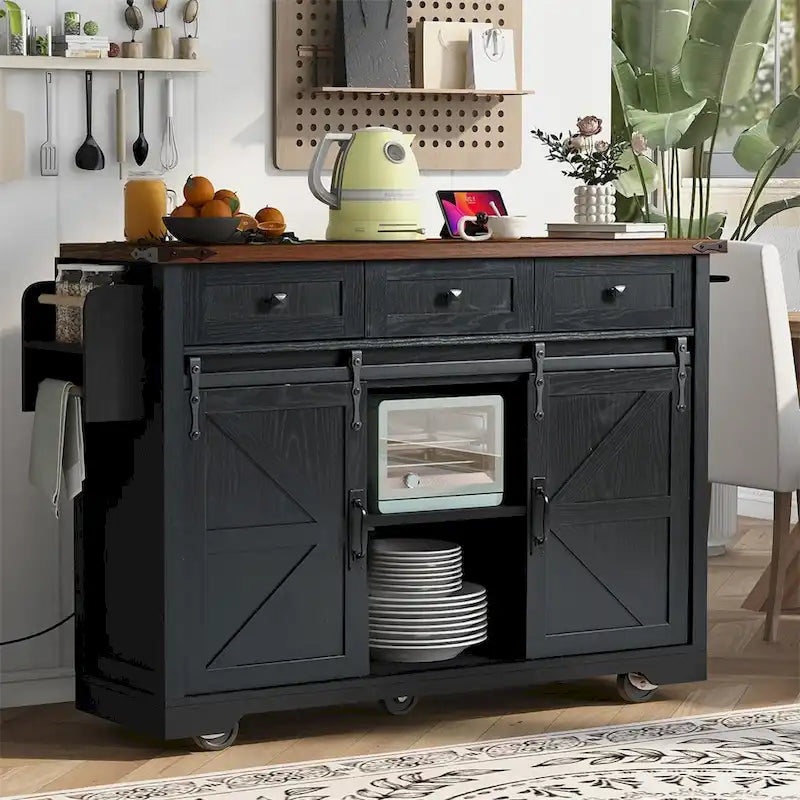 Farmhouse Kitchen Island with Power Outlet, Sliding Barn Doors, Drop Leaf and Spice Rack