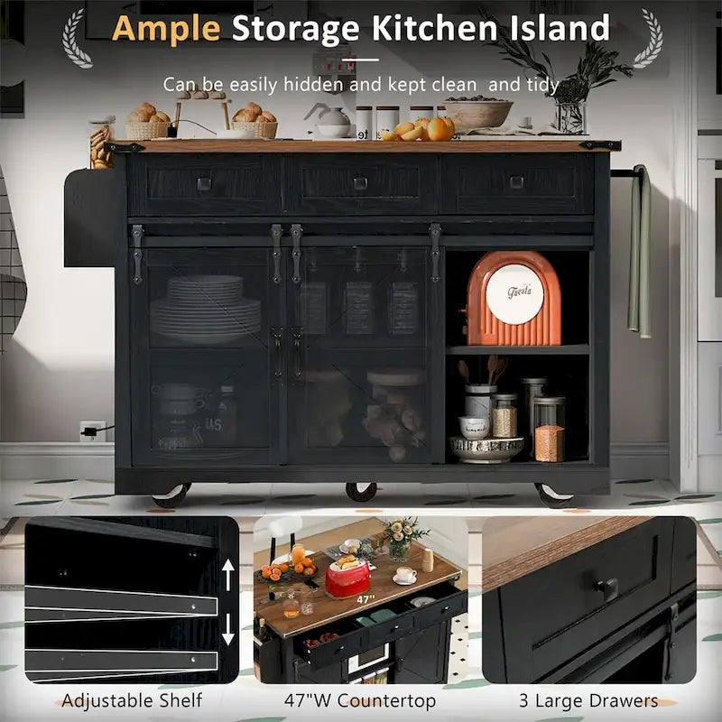 Farmhouse Kitchen Island with Power Outlet, Sliding Barn Doors, Drop Leaf and Spice Rack