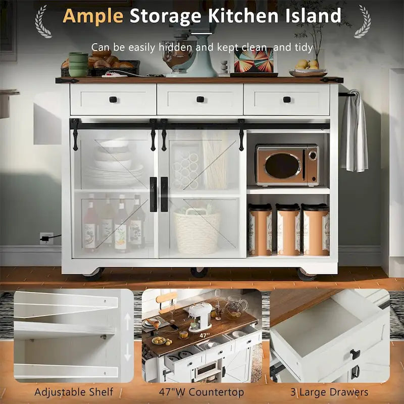Farmhouse Kitchen Island with Power Outlet, Sliding Barn Doors, Drop Leaf and Spice Rack