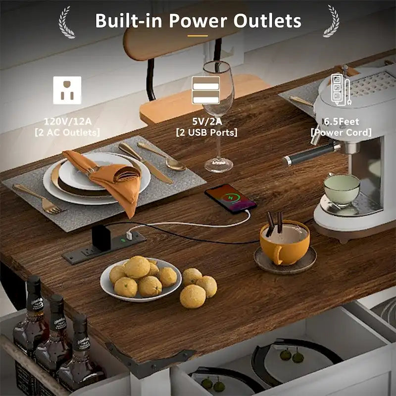 Farmhouse Kitchen Island with Power Outlet, Sliding Barn Doors, Drop Leaf and Spice Rack