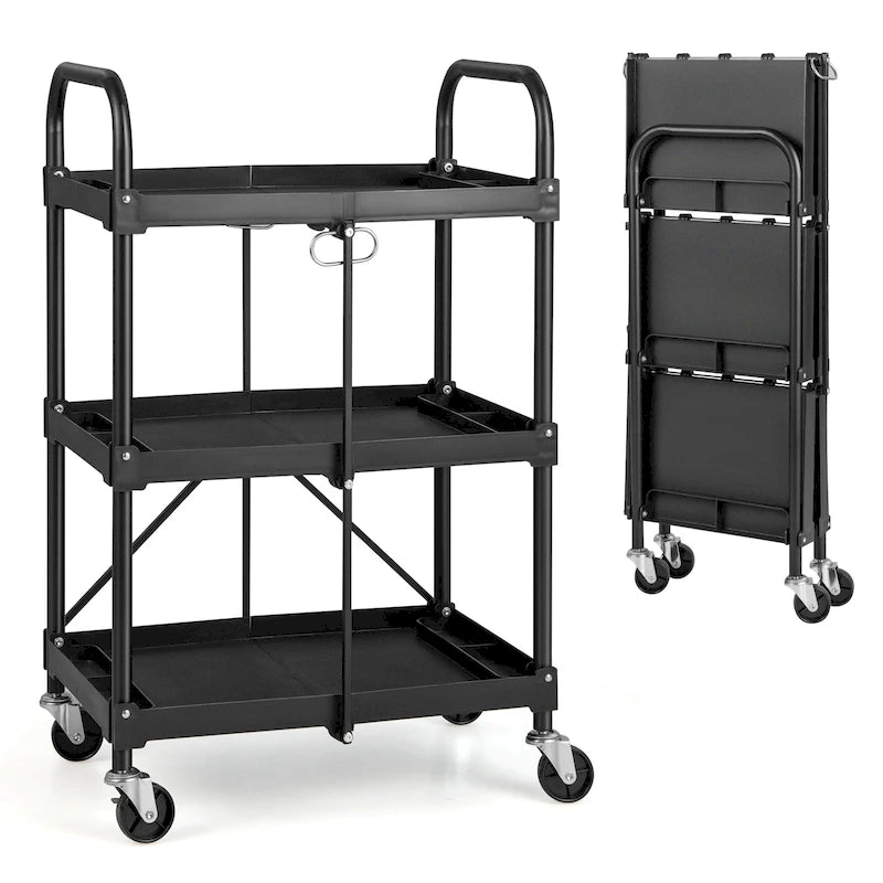 Folding Collapsible Service Cart Heavy-Duty 3-Shelf Rolling Utility Cart with Wheels