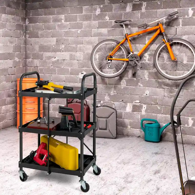 Folding Collapsible Service Cart Heavy-Duty 3-Shelf Rolling Utility Cart with Wheels