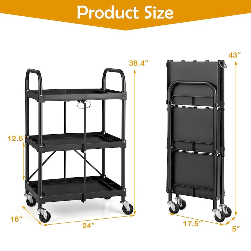 Folding Collapsible Service Cart Heavy-Duty 3-Shelf Rolling Utility Cart with Wheels