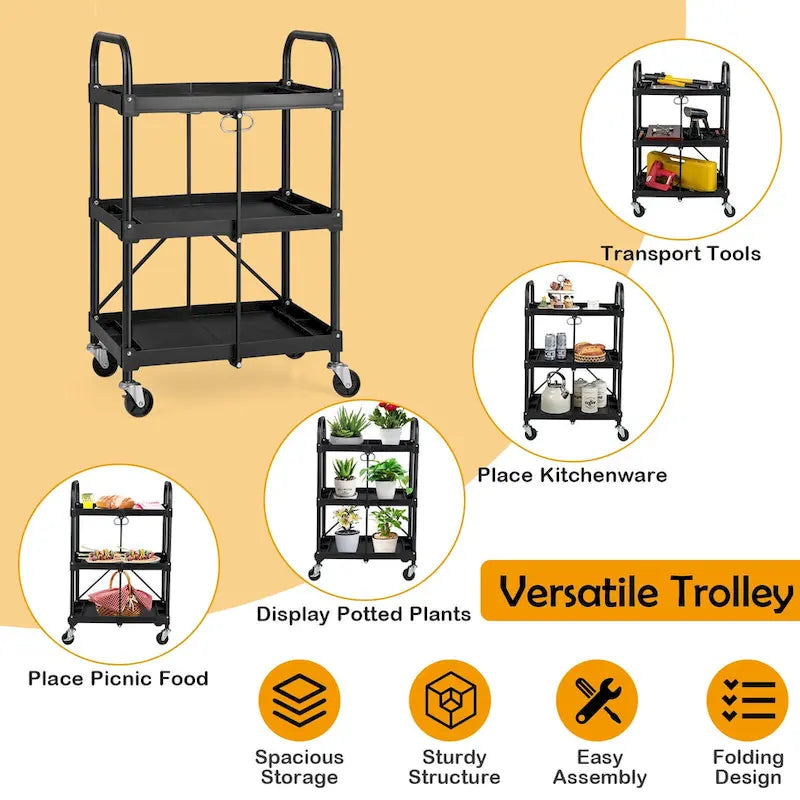 Folding Collapsible Service Cart Heavy-Duty 3-Shelf Rolling Utility Cart with Wheels
