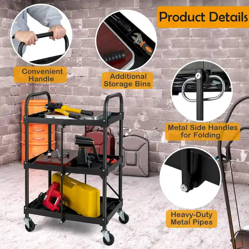 Folding Collapsible Service Cart Heavy-Duty 3-Shelf Rolling Utility Cart with Wheels
