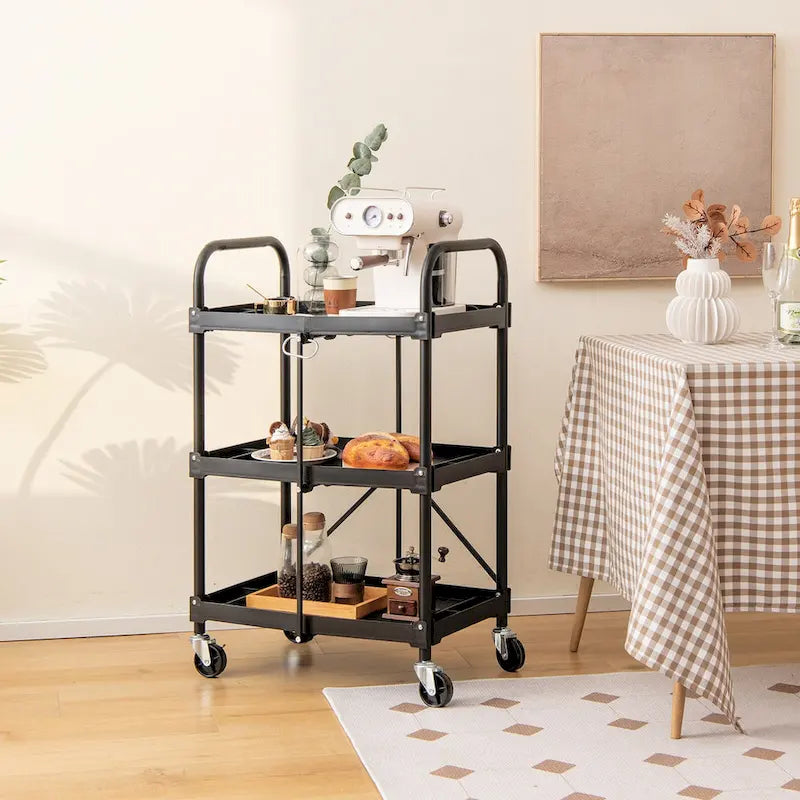 Folding Collapsible Service Cart Heavy-Duty 3-Shelf Rolling Utility Cart with Wheels