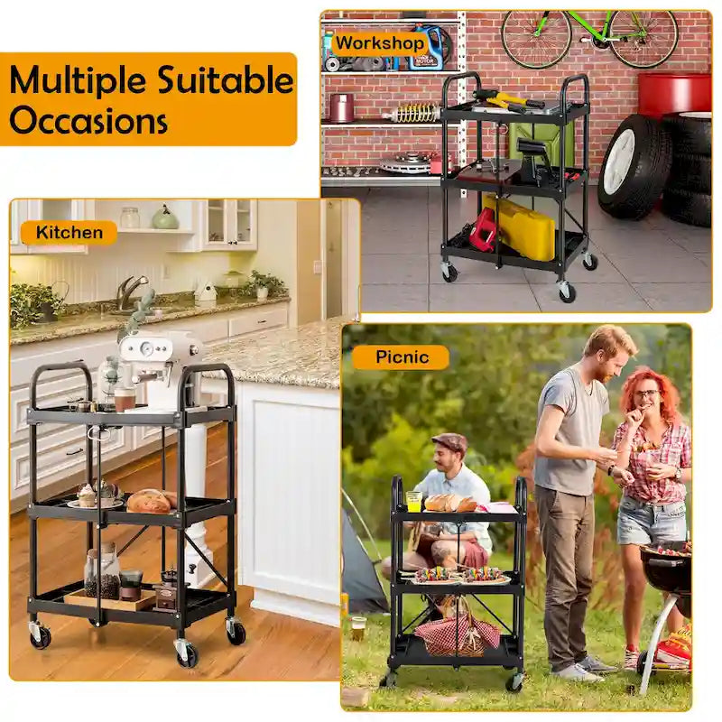 Folding Collapsible Service Cart Heavy-Duty 3-Shelf Rolling Utility Cart with Wheels