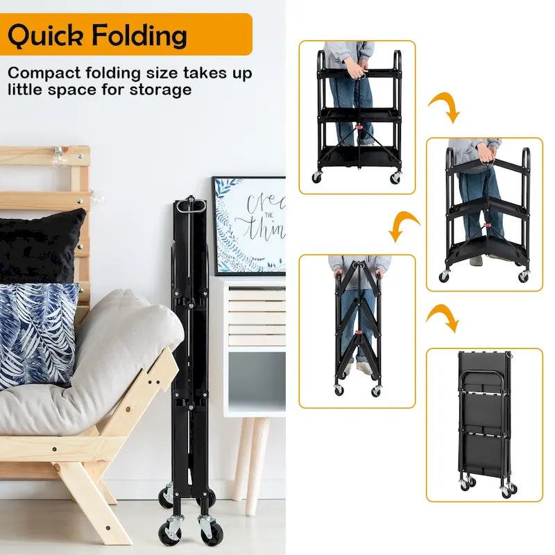 Folding Collapsible Service Cart Heavy-Duty 3-Shelf Rolling Utility Cart with Wheels