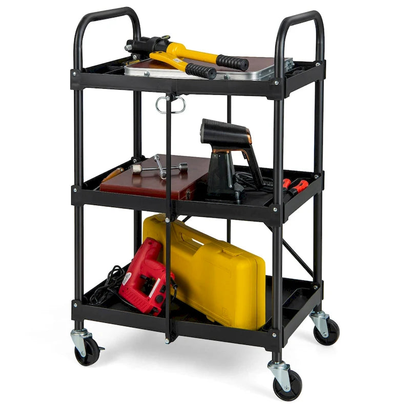 Folding Collapsible Service Cart Heavy-Duty 3-Shelf Rolling Utility Cart with Wheels