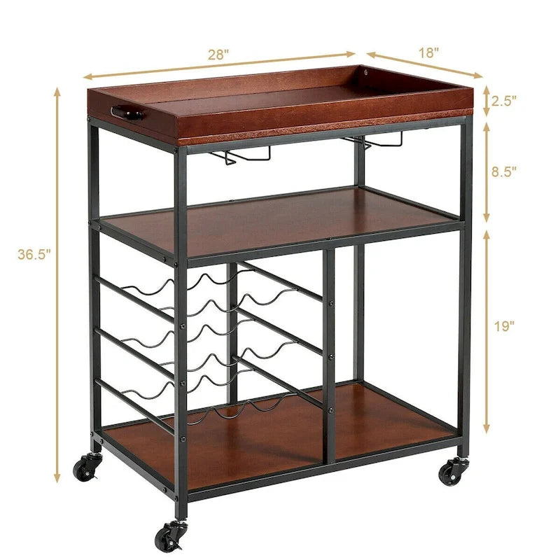 3 Tier Storage Kitchen Trolley Utility Bar Serving Cart with Wine Rack