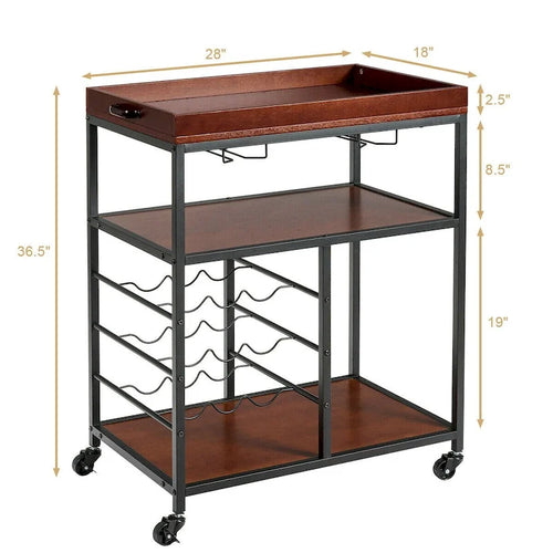3 Tier Storage Kitchen Trolley Utility Bar Serving Cart with Wine Rack