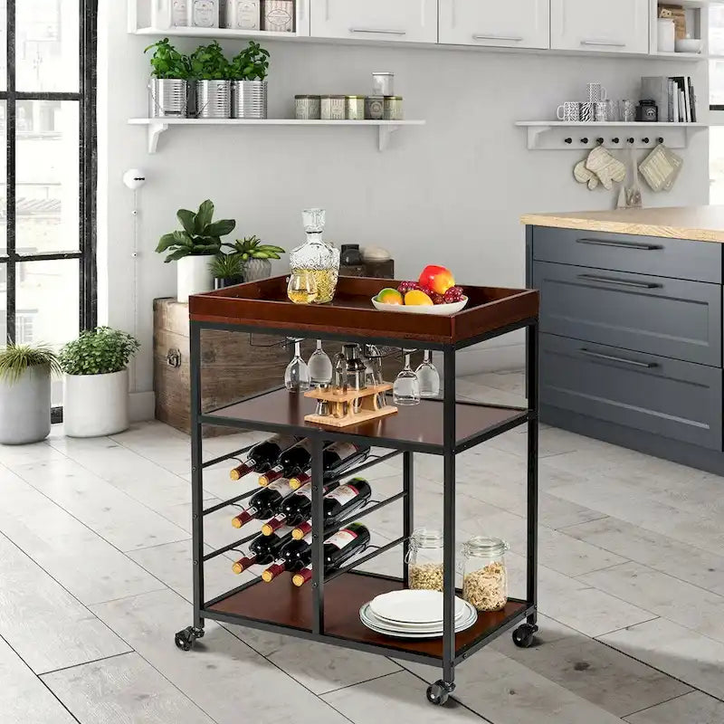 3 Tier Storage Kitchen Trolley Utility Bar Serving Cart with Wine Rack