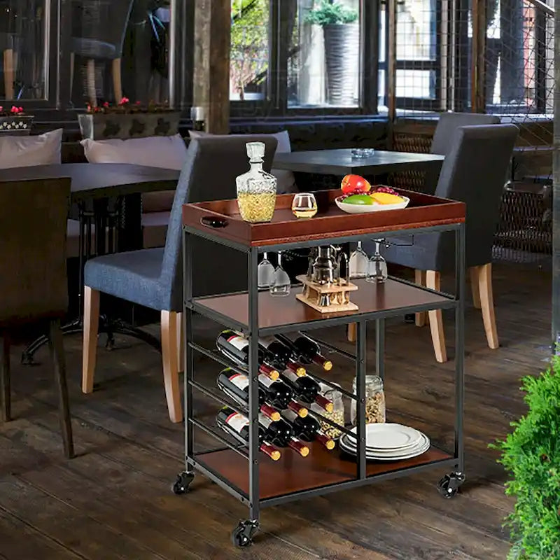 3 Tier Storage Kitchen Trolley Utility Bar Serving Cart with Wine Rack