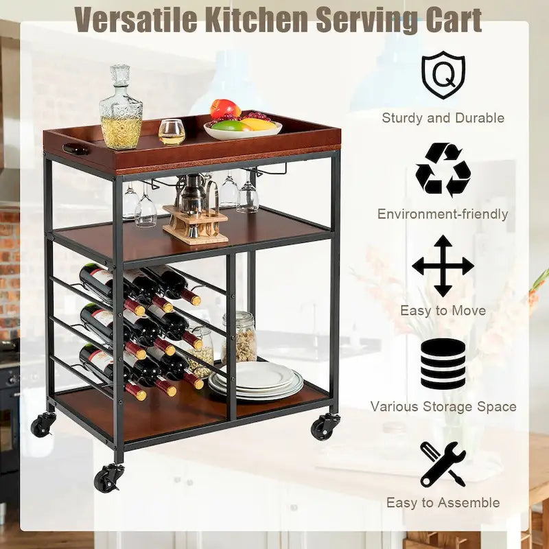 3 Tier Storage Kitchen Trolley Utility Bar Serving Cart with Wine Rack