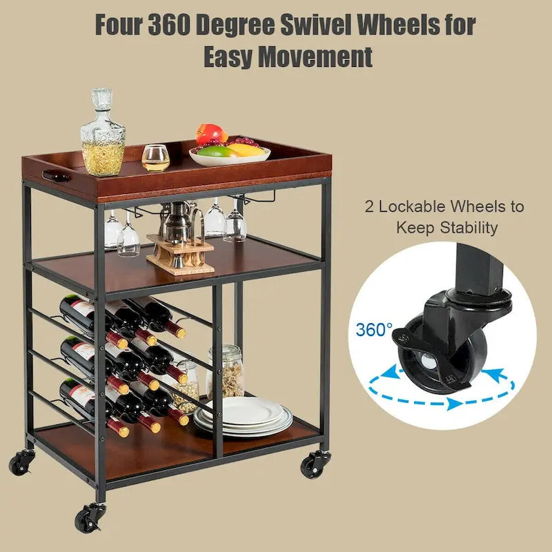 3 Tier Storage Kitchen Trolley Utility Bar Serving Cart with Wine Rack