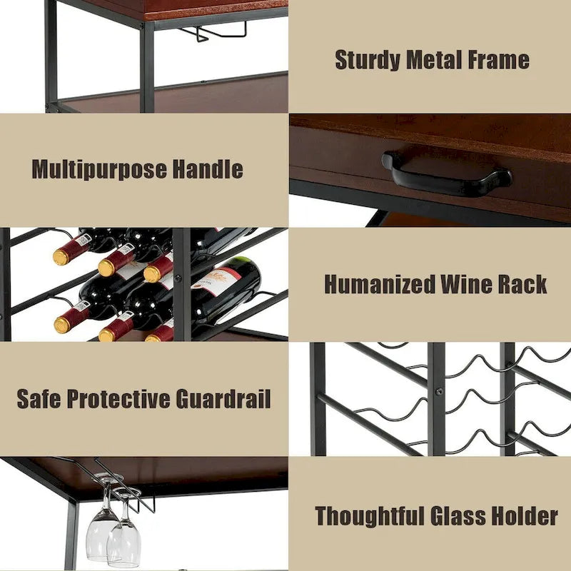 3 Tier Storage Kitchen Trolley Utility Bar Serving Cart with Wine Rack