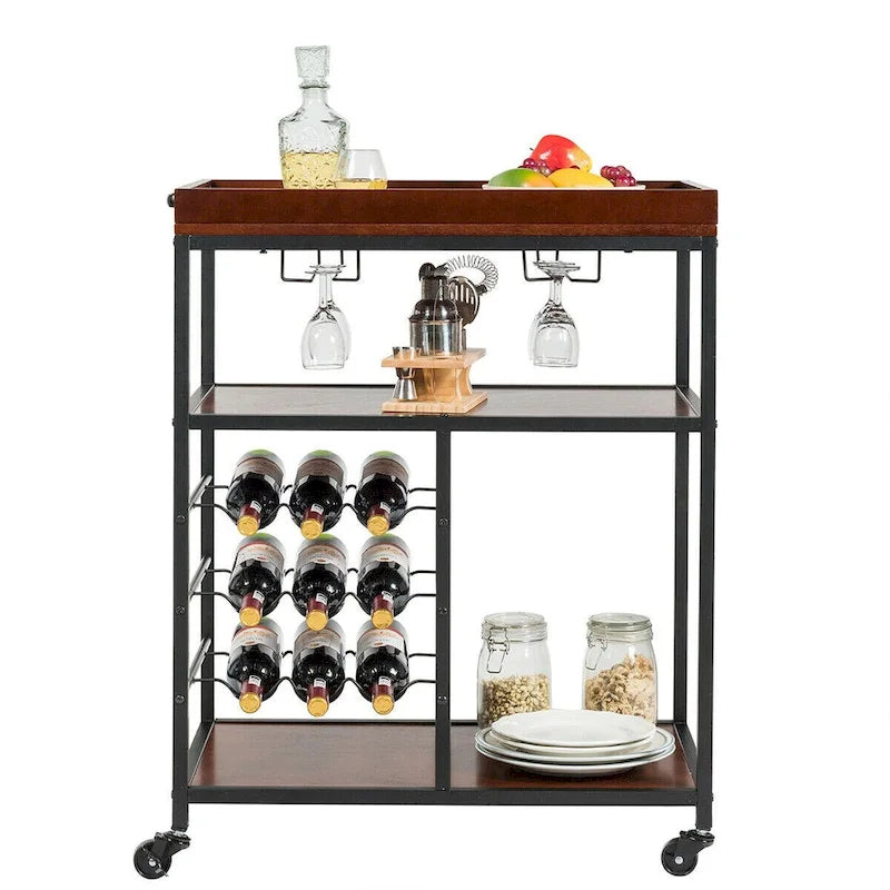3 Tier Storage Kitchen Trolley Utility Bar Serving Cart with Wine Rack
