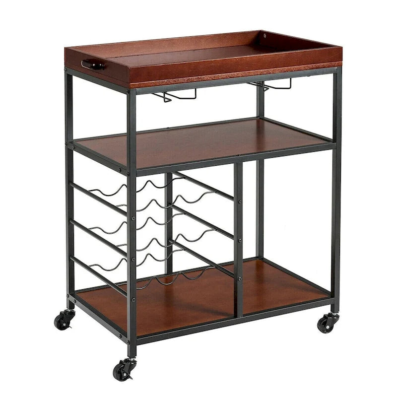 3 Tier Storage Kitchen Trolley Utility Bar Serving Cart with Wine Rack
