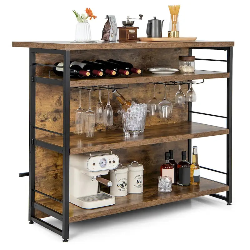 Industrial Kitchen Island Bar Table 4-Tier Storage Shelf with Wine Rack