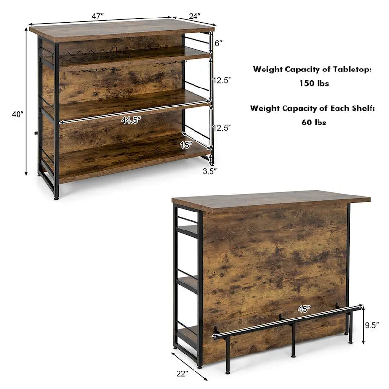 Industrial Kitchen Island Bar Table 4-Tier Storage Shelf with Wine Rack