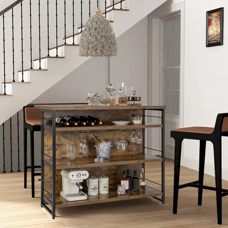 Industrial Kitchen Island Bar Table 4-Tier Storage Shelf with Wine Rack