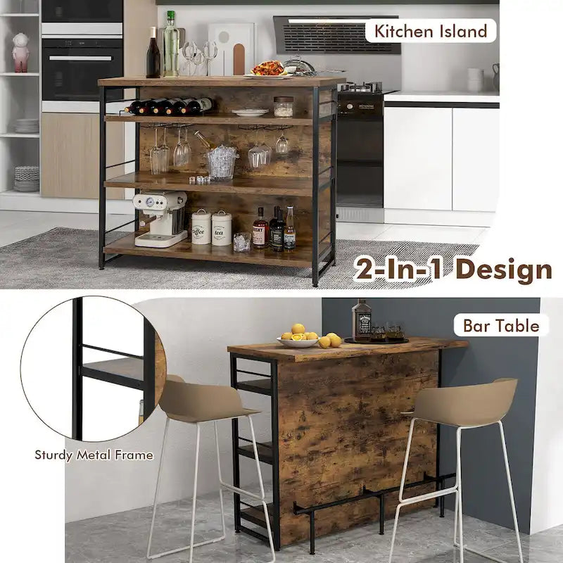 Industrial Kitchen Island Bar Table 4-Tier Storage Shelf with Wine Rack