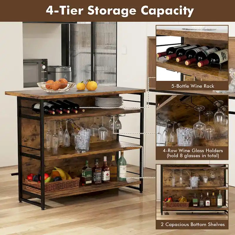 Industrial Kitchen Island Bar Table 4-Tier Storage Shelf with Wine Rack