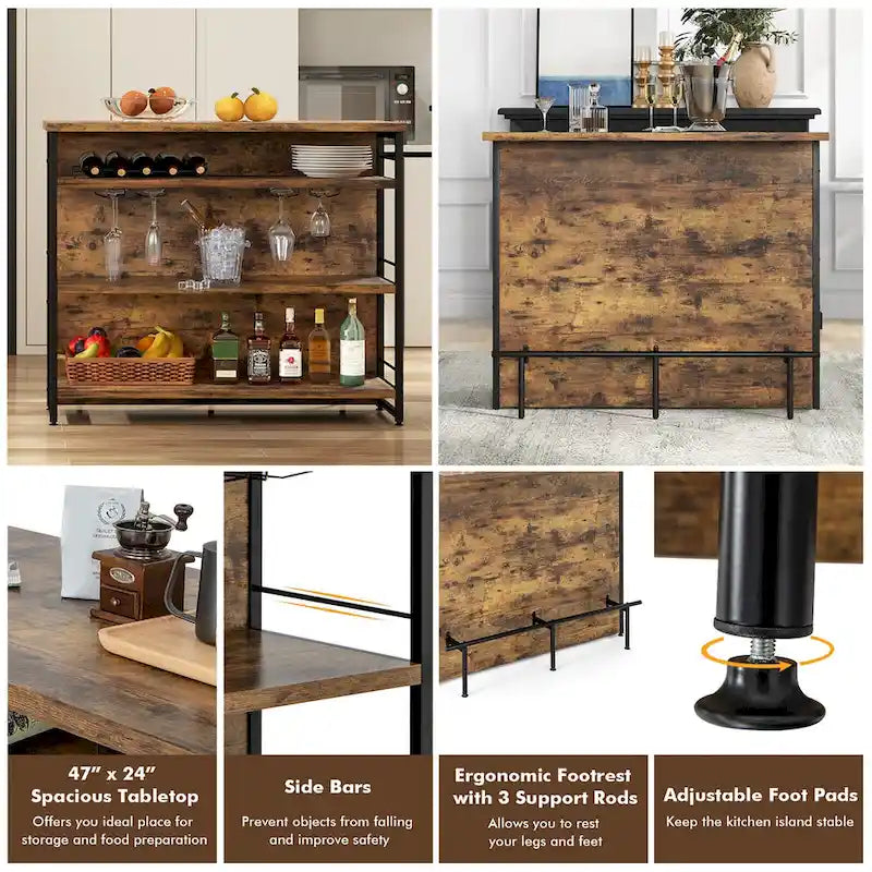 Industrial Kitchen Island Bar Table 4-Tier Storage Shelf with Wine Rack