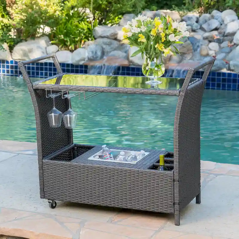 Outdoor Rattan Bar Cart with Removable Ice Bucket, Tempered Glass Top and Wheels