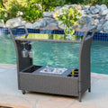 Outdoor Rattan Bar Cart with Removable Ice Bucket, Tempered Glass Top and Wheels