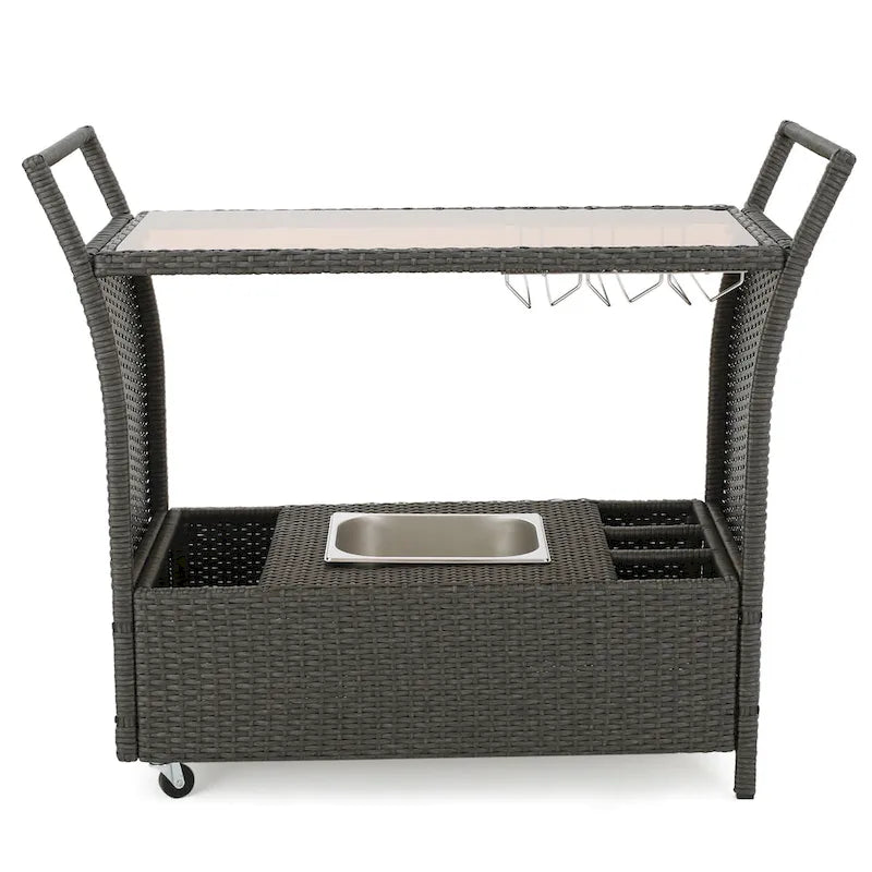 Outdoor Rattan Bar Cart with Removable Ice Bucket, Tempered Glass Top and Wheels