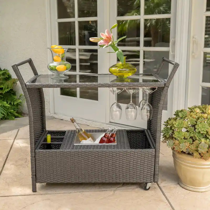 Outdoor Rattan Bar Cart with Removable Ice Bucket, Tempered Glass Top and Wheels
