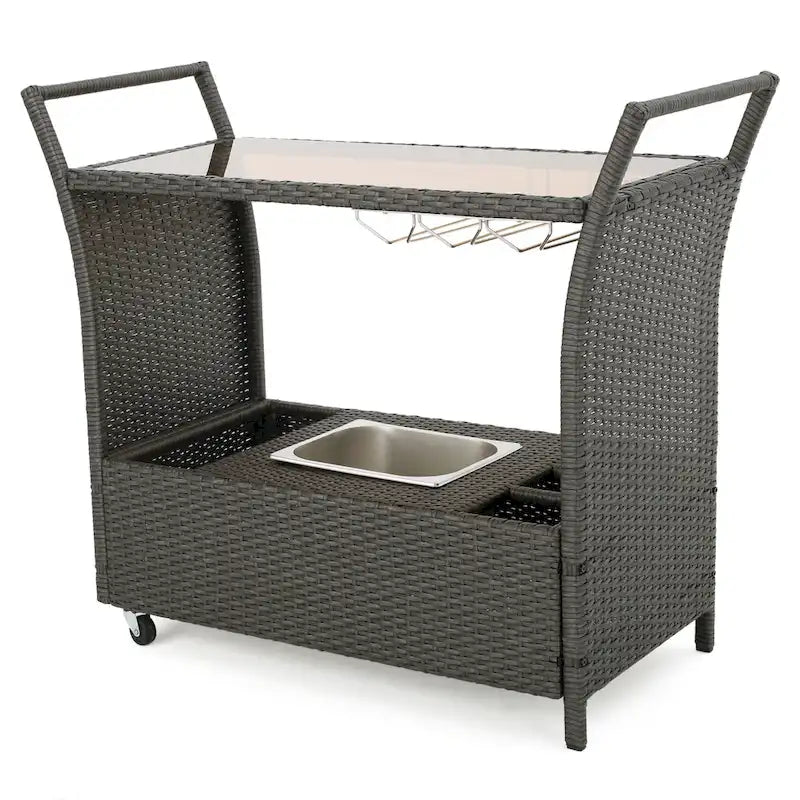 Outdoor Rattan Bar Cart with Removable Ice Bucket, Tempered Glass Top and Wheels