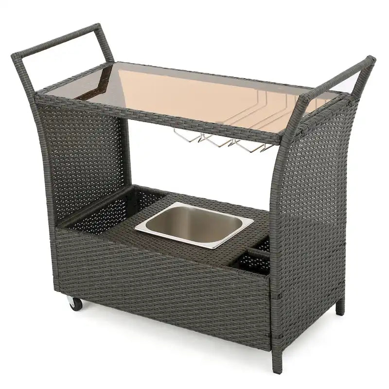 Outdoor Rattan Bar Cart with Removable Ice Bucket, Tempered Glass Top and Wheels