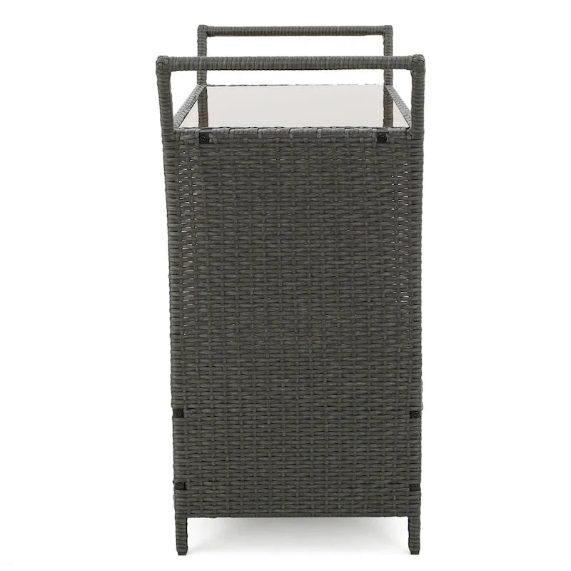 Outdoor Rattan Bar Cart with Removable Ice Bucket, Tempered Glass Top and Wheels