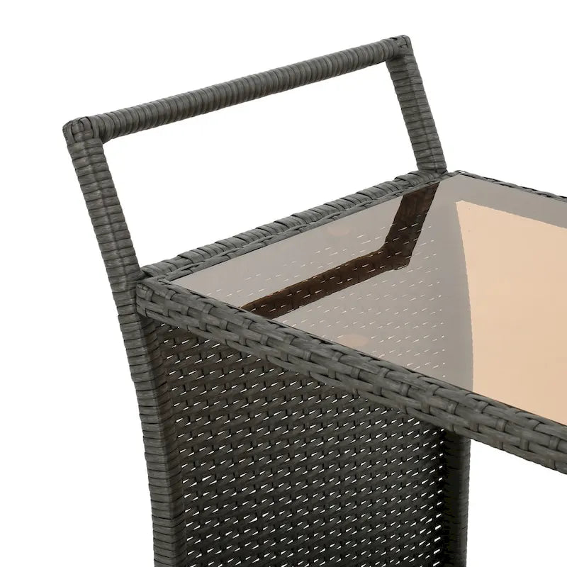 Outdoor Rattan Bar Cart with Removable Ice Bucket, Tempered Glass Top and Wheels