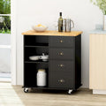 Kitchen Cart with Rubberwood Top, Cabinet Storage, Two Drawers, Three Open Shelves and Lockable Rolling Casters