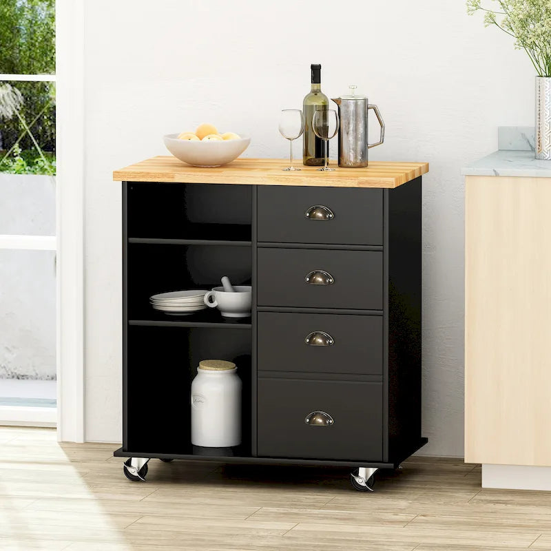 Kitchen Cart with Rubberwood Top, Cabinet Storage, Two Drawers, Three Open Shelves and Lockable Rolling Casters