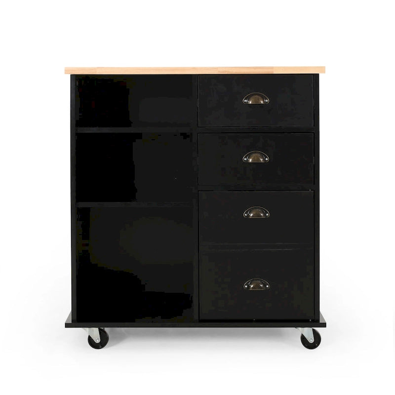 Kitchen Cart with Rubberwood Top, Cabinet Storage, Two Drawers, Three Open Shelves and Lockable Rolling Casters