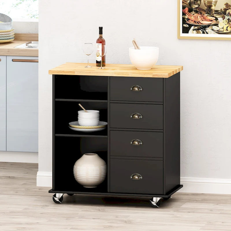 Kitchen Cart with Rubberwood Top, Cabinet Storage, Two Drawers, Three Open Shelves and Lockable Rolling Casters