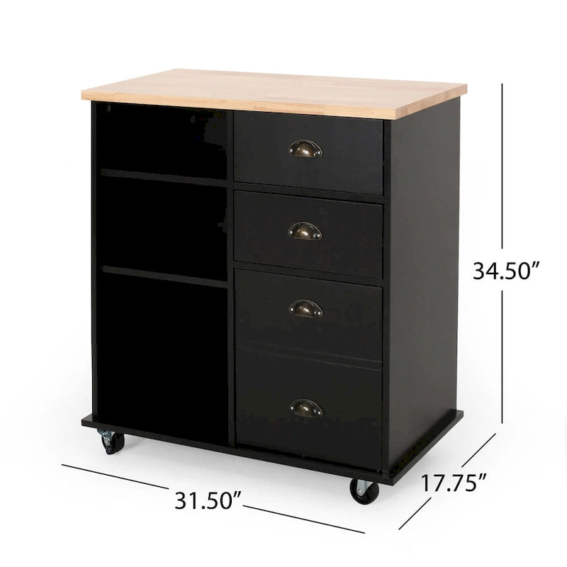 Kitchen Cart with Rubberwood Top, Cabinet Storage, Two Drawers, Three Open Shelves and Lockable Rolling Casters