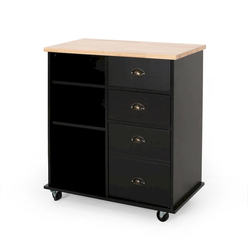 Kitchen Cart with Rubberwood Top, Cabinet Storage, Two Drawers, Three Open Shelves and Lockable Rolling Casters
