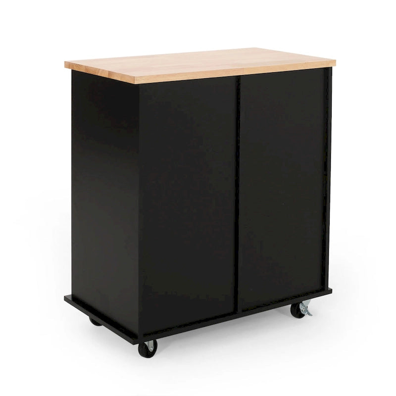 Kitchen Cart with Rubberwood Top, Cabinet Storage, Two Drawers, Three Open Shelves and Lockable Rolling Casters