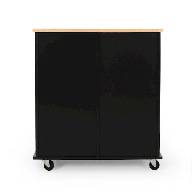 Kitchen Cart with Rubberwood Top, Cabinet Storage, Two Drawers, Three Open Shelves and Lockable Rolling Casters