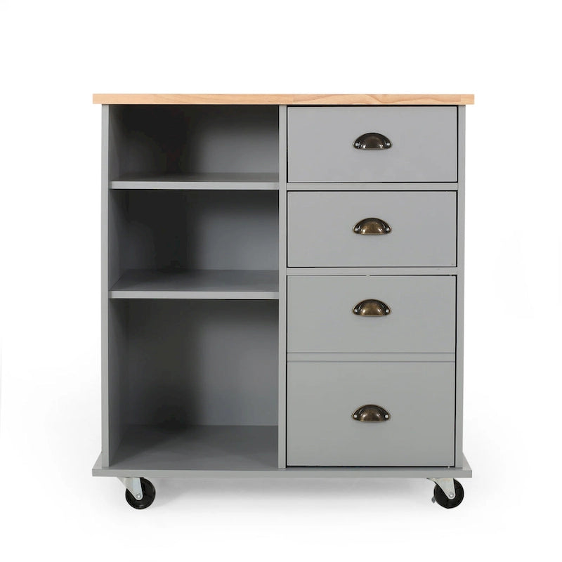 Kitchen Cart with Rubberwood Top, Cabinet Storage, Two Drawers, Three Open Shelves and Lockable Rolling Casters
